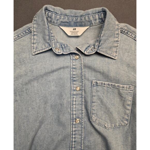H&M Women Medium Shirt Dress Blue Jean Denim Belt Pearl Snap Long Sleeve‎ - Picture 3 of 7